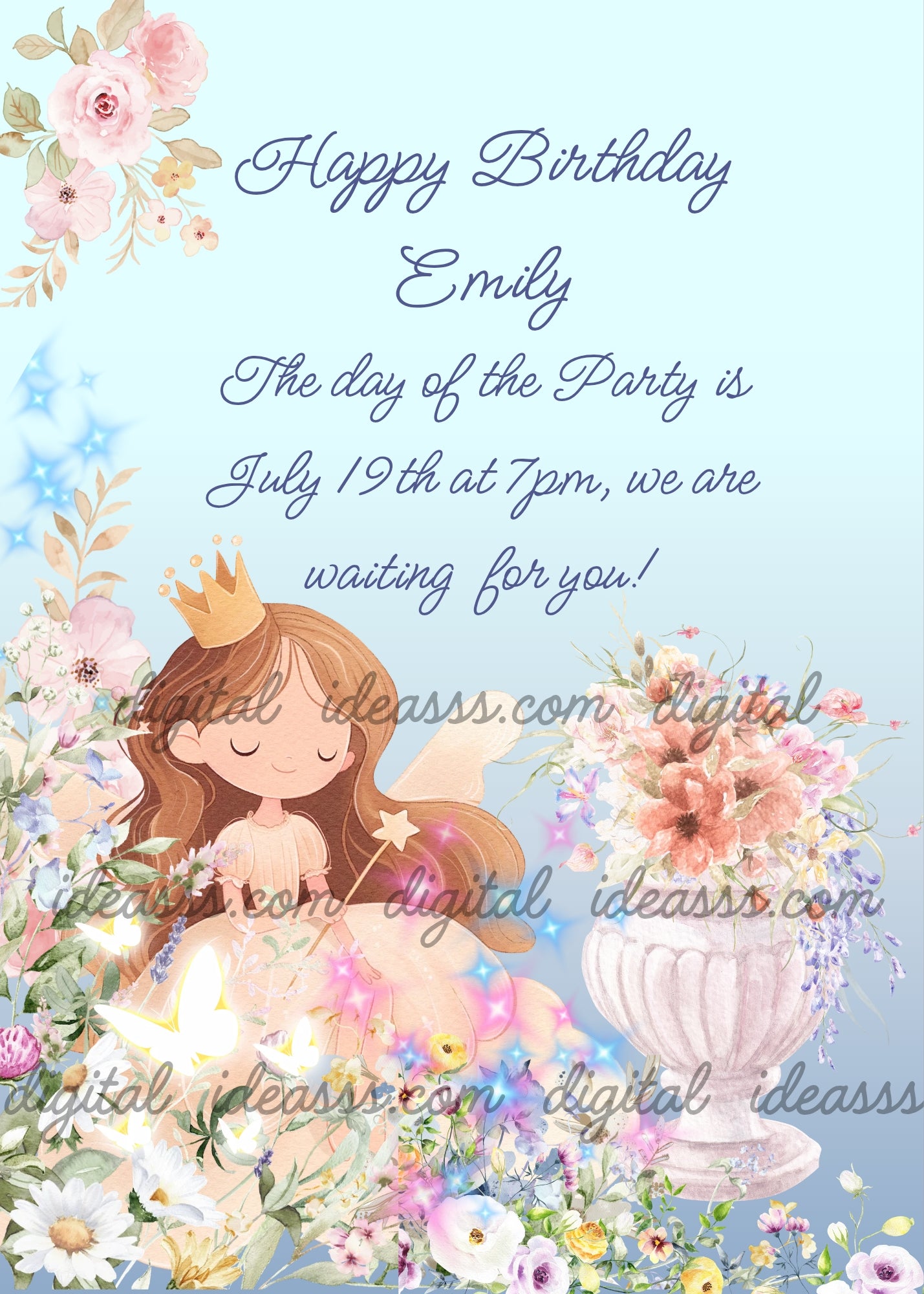 Sweet princess fairy with brown hair and golden crown resting peacefully among colorful flowers in an enchanted garden, magic wand with glowing star, white decorative vase with pink and peach flowers, group of sparkling butterflies, fairy dust and glowing stars, delicate pink roses in upper left corner, soft blue gradient background — birthday card for girls aged 9 to 14