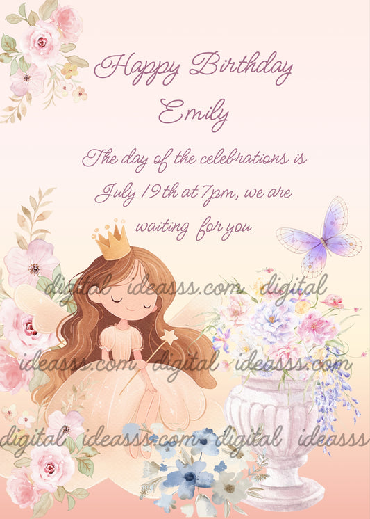 Cute fairy princess with crown and magic wand surrounded by pink roses, blue flowers, purple butterfly and floral vase on a soft peach background — birthday card for girls aged 9 to 14