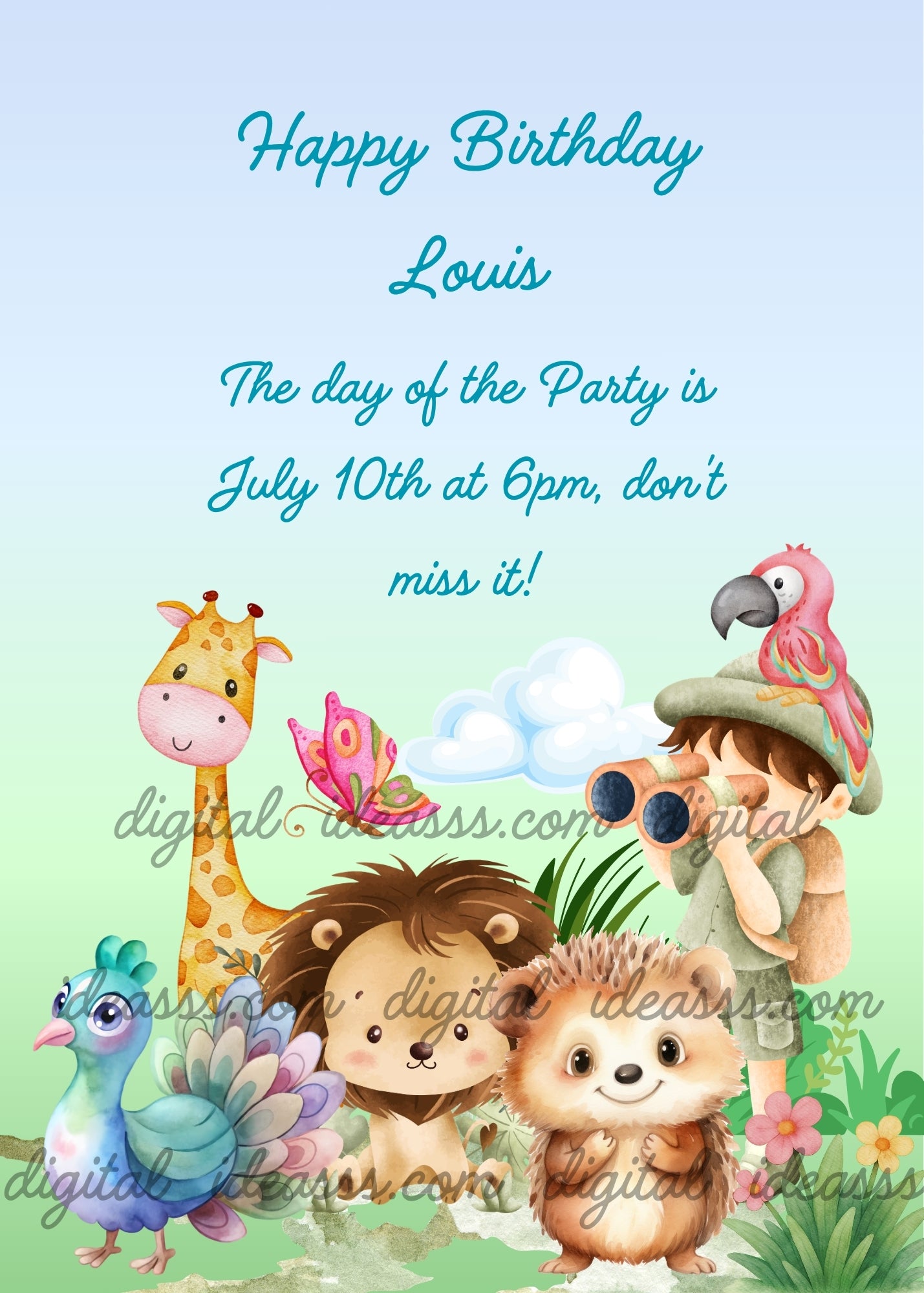 Cute explorer boy with binoculars and a pink parrot on his hat, with a giraffe, two hedgehogs, a blue peacock and a pink butterfly among tropical flowers and leaves on a soft blue green gradient background — birthday card for children aged 3 to 9