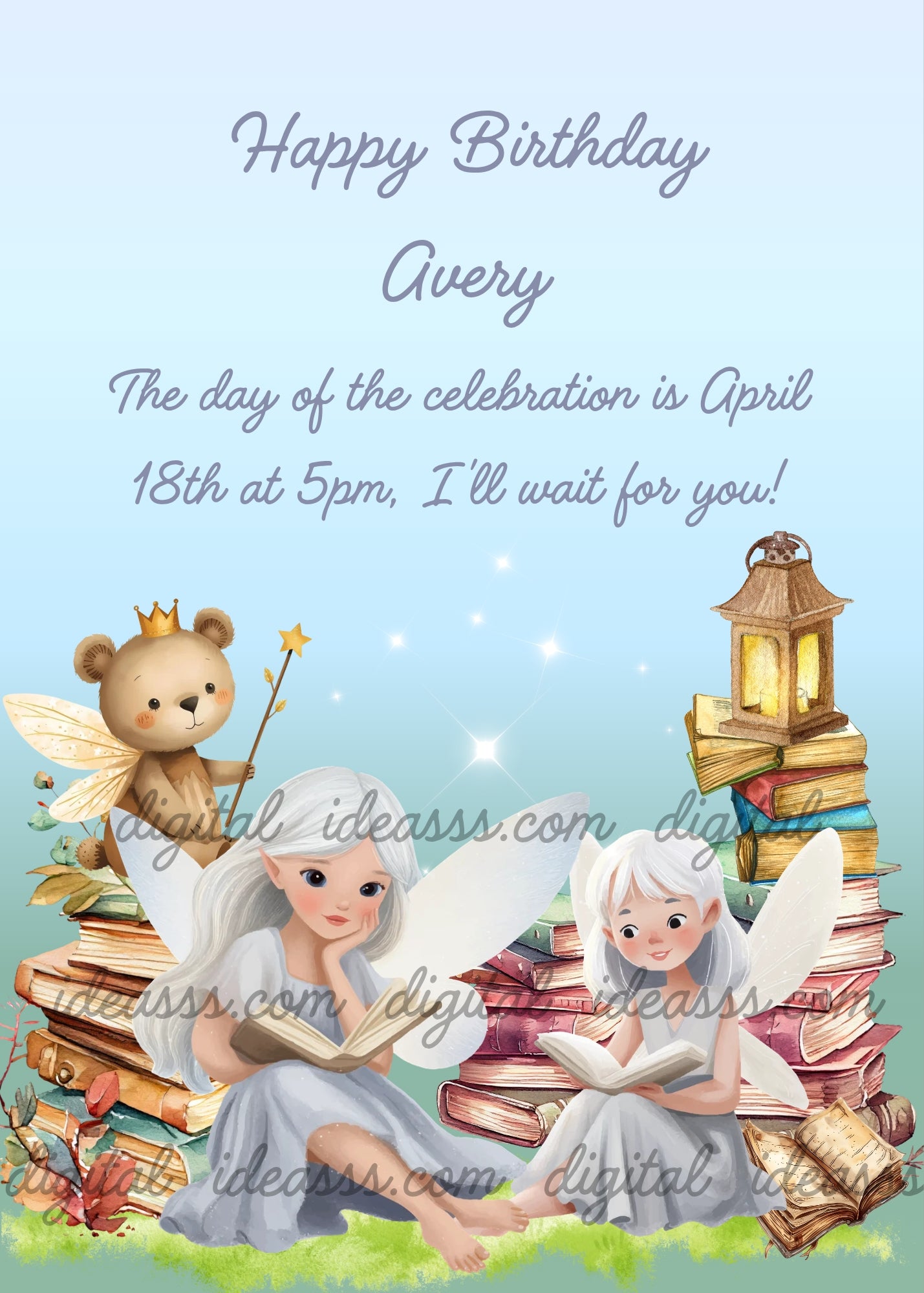 Two white haired fairies in grey reading books sitting on colorful stacks of books with a teddy bear wearing a crown holding a magic wand and a golden lantern on a soft blue background