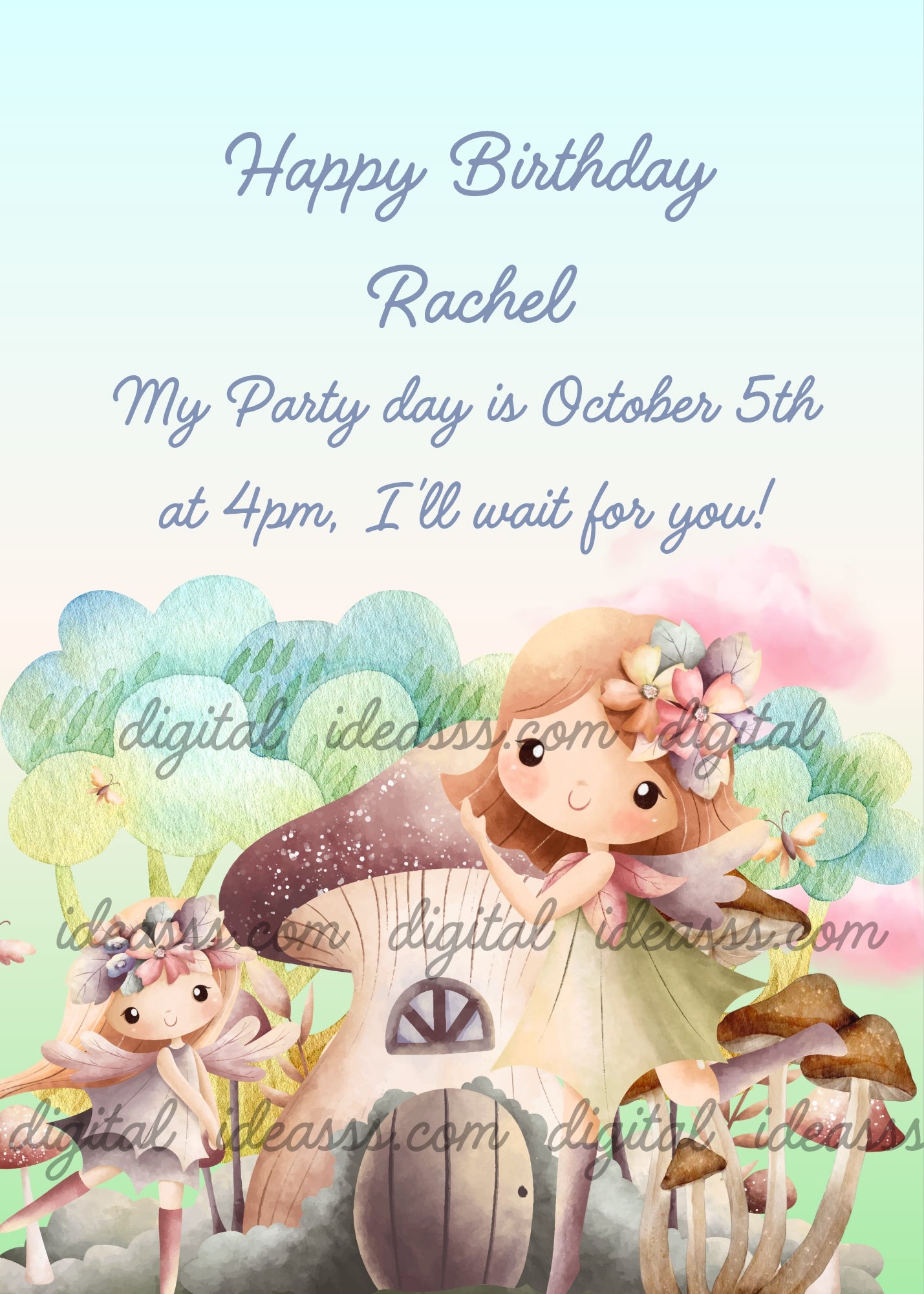A blonde fairy with pink flowers in her hair leaning on a large mushroom house beside a small dancing fairy with a pink bow among colorful watercolor trees and mushrooms on a soft blue pink pastel gradient background — birthday card for girls aged 5 to 12