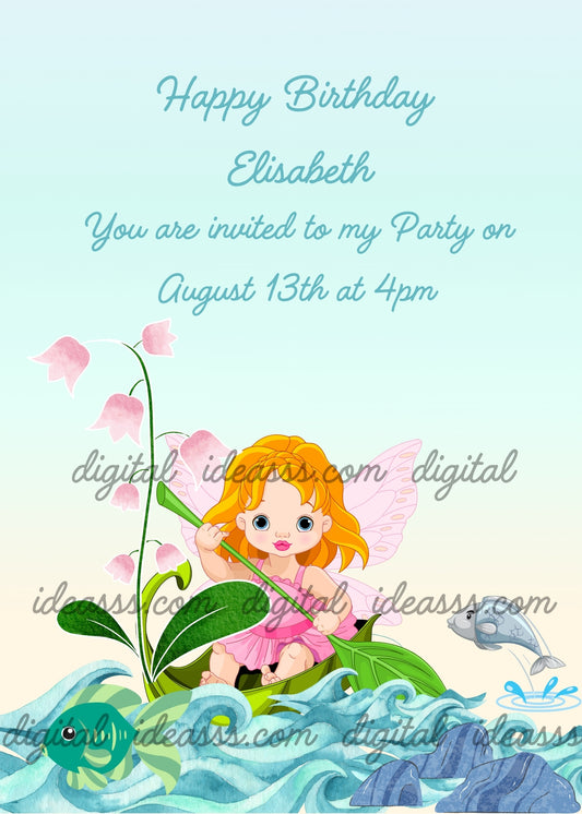 A cute baby fairy with orange hair in a pink dress sailing on a green leaf among teal waves with a jumping fish and pink bellflowers on a soft blue background — printable birthday card for girls ages 5 to 10