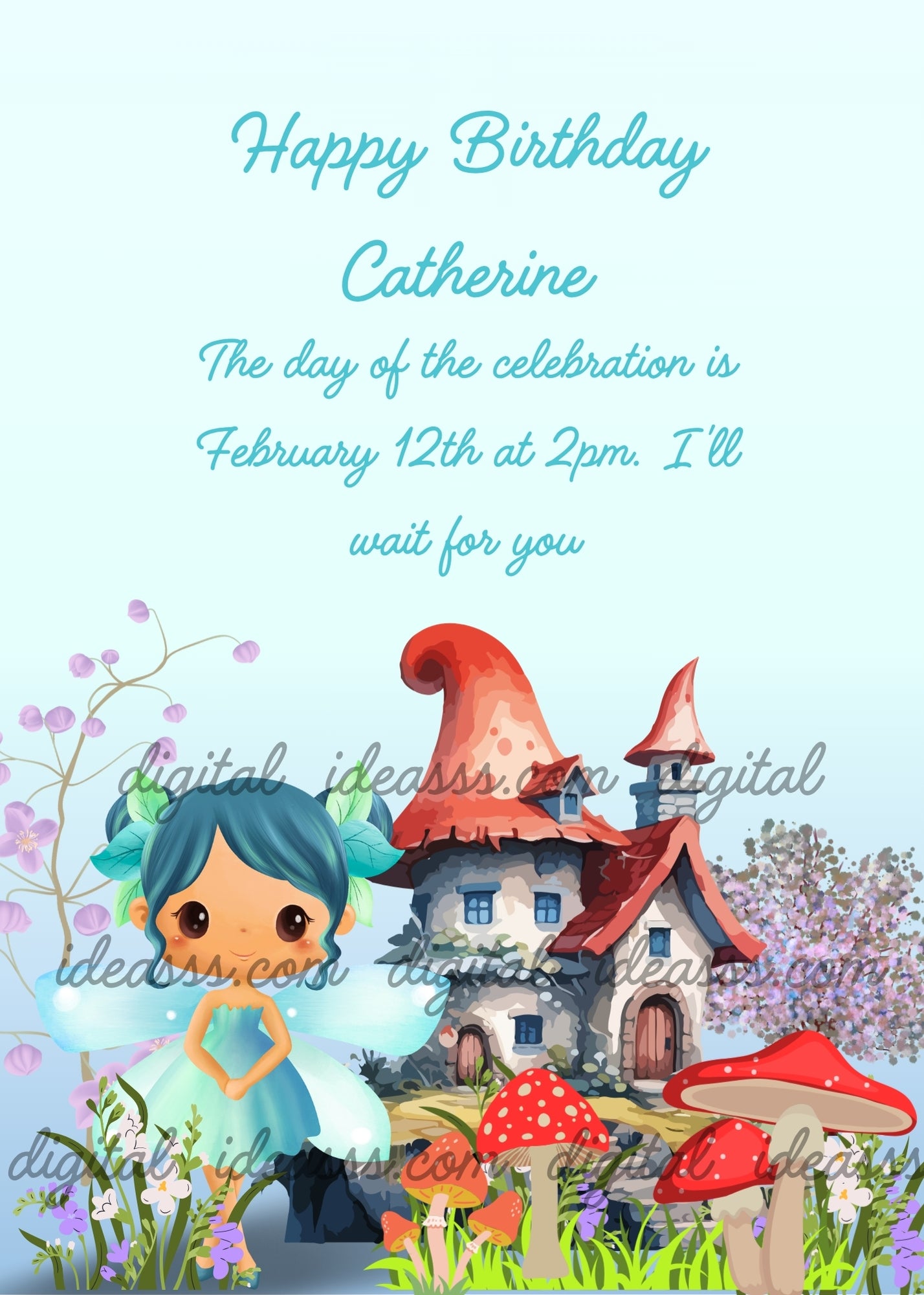  A cute kawaii fairy with teal hair in a blue dress in front of a magical house with a red pointed roof red mushrooms and purple lilac flowers on a soft blue background — printable birthday card for girls ages 6 to 12