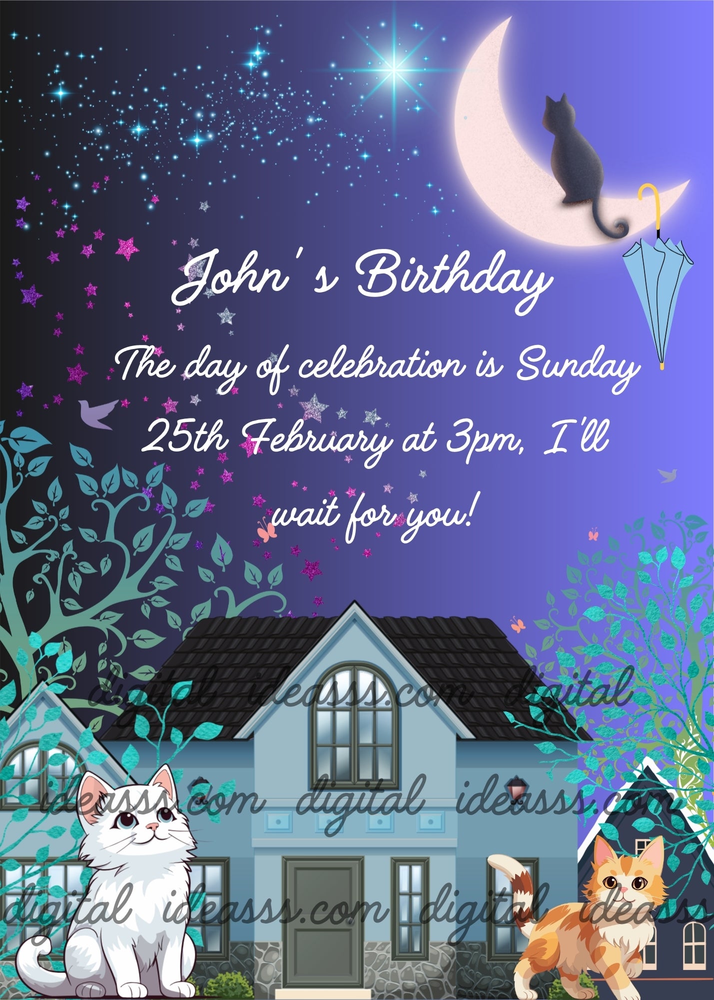 A black cat sitting on a crescent moon with a light blue umbrella, a white fluffy cat and an orange cat near a blue house with teal trees, colorful stars and butterflies on a deep blue and purple night sky background — birthday card for children aged 6 to 13