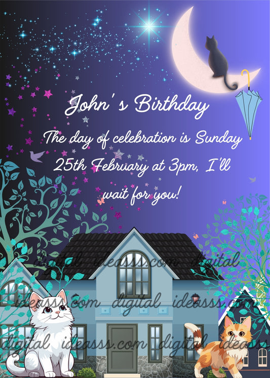 A black cat sitting on a crescent moon with a light blue umbrella, a white fluffy cat and an orange cat near a blue house with teal trees, colorful stars and butterflies on a deep blue and purple night sky background — birthday card for children aged 6 to 13