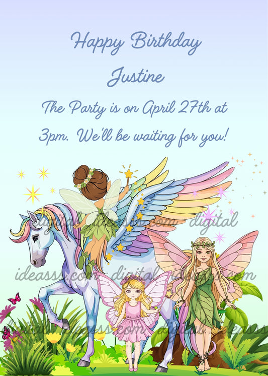 Unicorn with a pastel rainbow mane and wings surrounded by three fairies with magic wands and sparkling stars in a flower-filled garden, preparing for its first flight - printable birthday card for girls aged 6 to 12