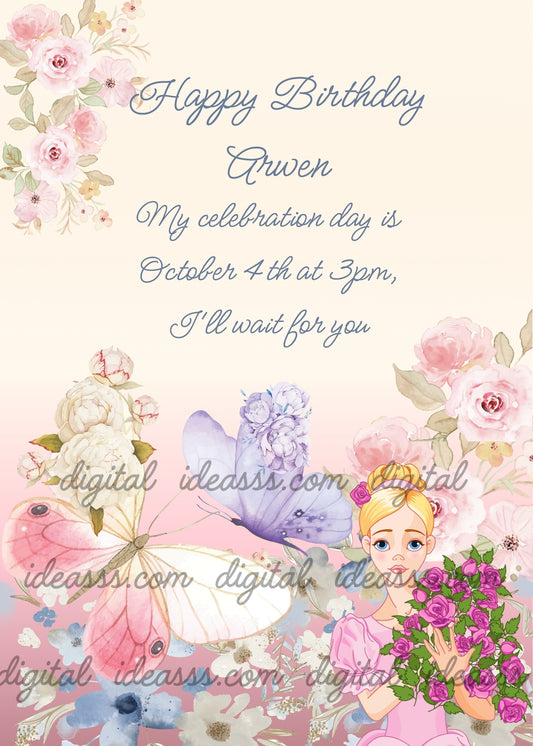 Elegant girl with blonde hair holding purple roses bouquet, surrounded by pink and purple butterflies and pastel flowers on a soft cream and pink background — birthday card for girls aged 10 to 14