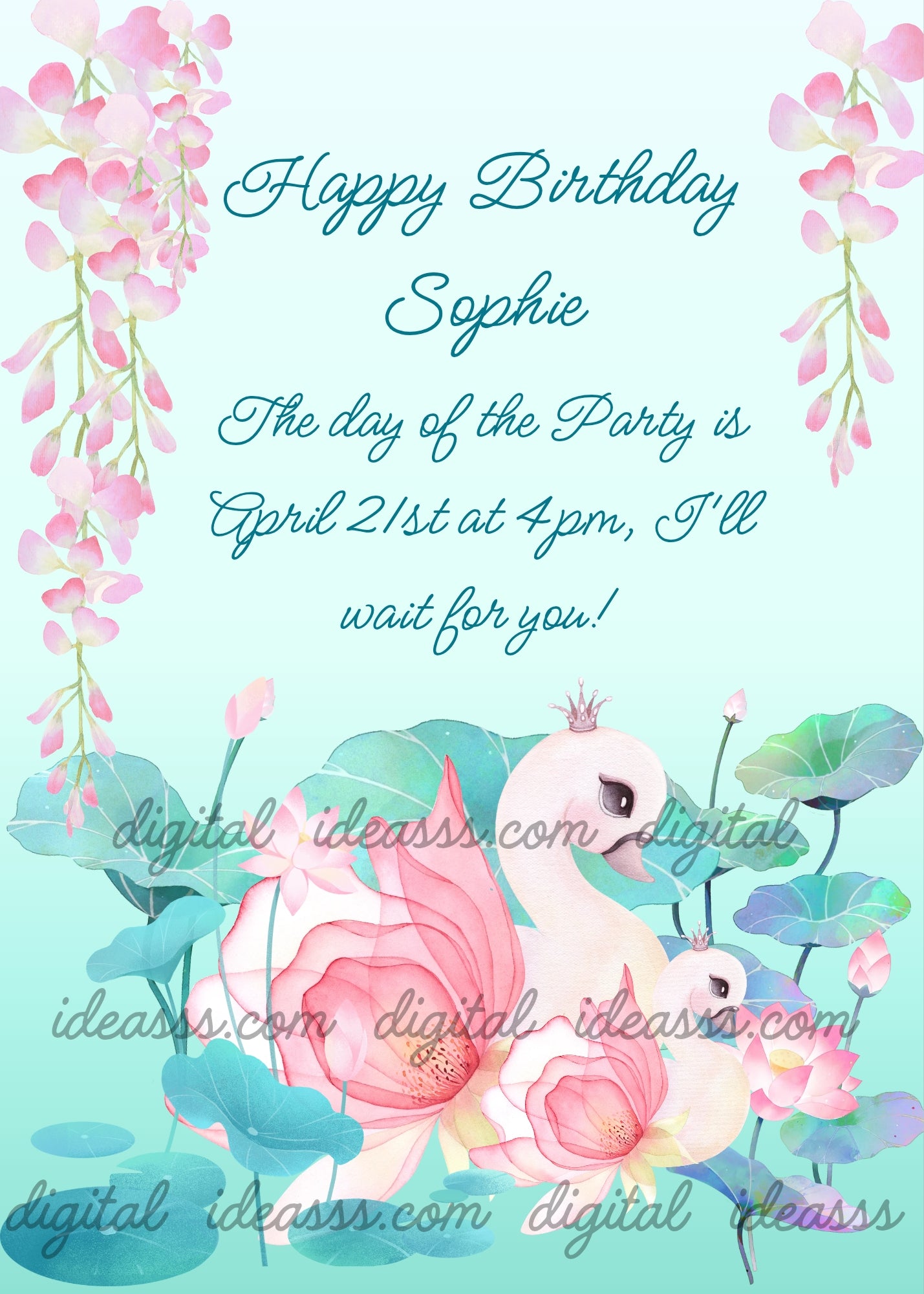 Mother swan and baby swan with crowns, wild rose bud tails, floating on a lotus pond with pink lotus flowers and teal lily pad leaves, pink wisteria cascading on both sides, soft aqua gradient background — birthday card for girls aged 10 to 14