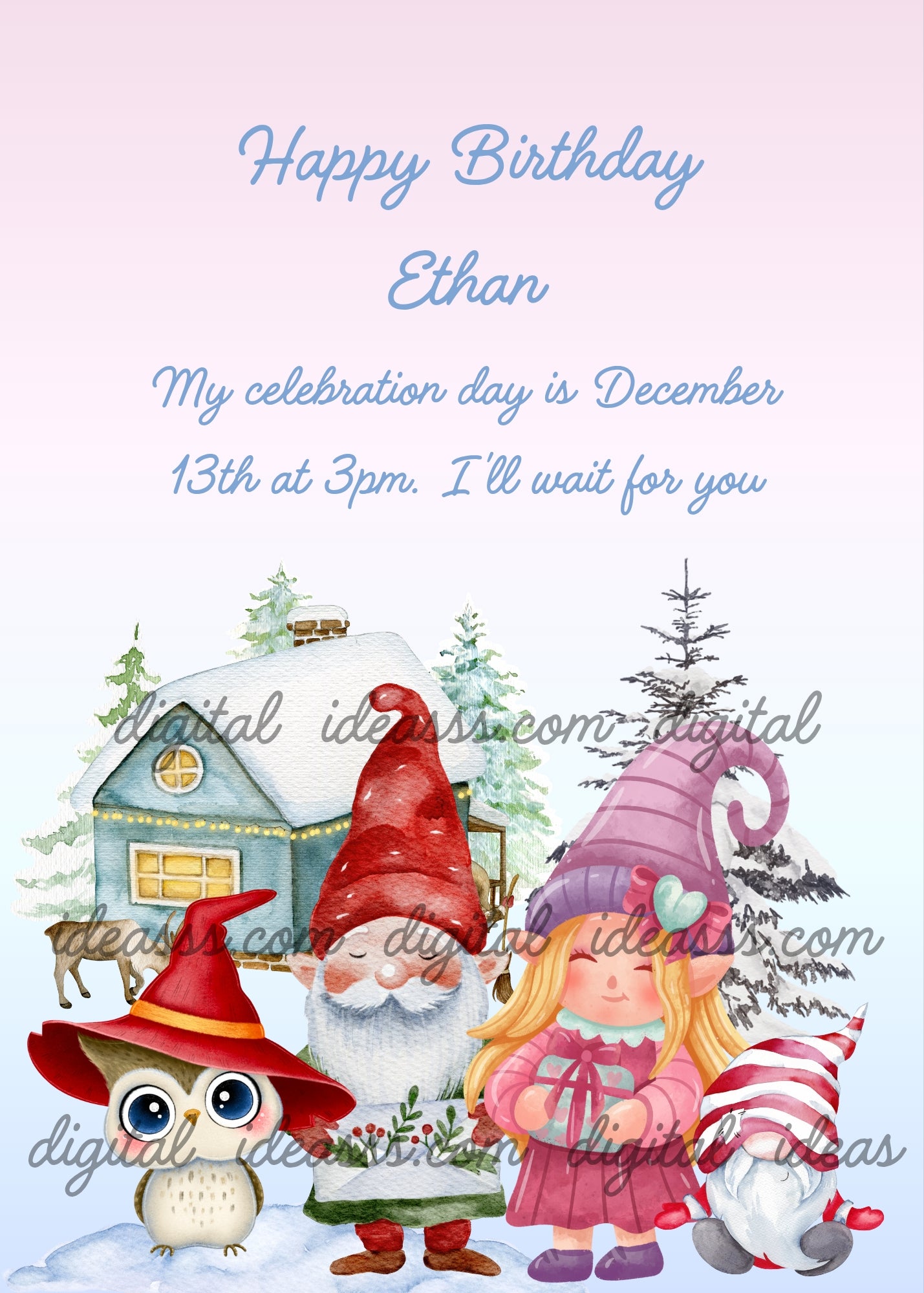 A cute owl with a red wide brim hat a white bearded gnome with a tall red hat a blonde girl gnome in a purple hat and pink dress holding a gift and a small red and white striped gnome in front of a snowy house with warm lights and snow covered pine trees on a soft pink blue gradient background — printable Christmas birthday card for children ages 5 to 12