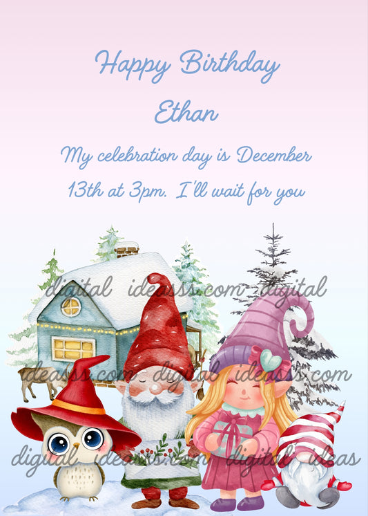 A cute owl with a red wide brim hat a white bearded gnome with a tall red hat a blonde girl gnome in a purple hat and pink dress holding a gift and a small red and white striped gnome in front of a snowy house with warm lights and snow covered pine trees on a soft pink blue gradient background — printable Christmas birthday card for children ages 5 to 12