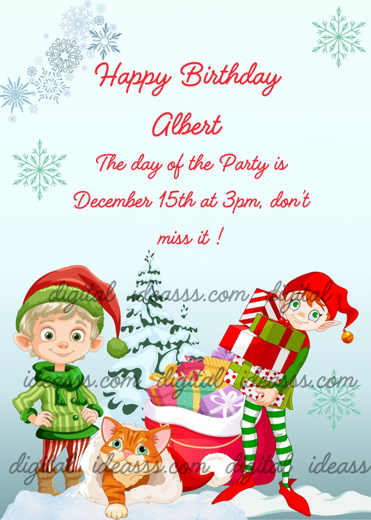 A blonde elf in a green striped outfit with a red and green hat next to an orange kawaii cat and a red haired elf in red and green stripes with a gold bell carrying a stack of colorful gift boxes with Santa's sack a snowy tree and snowflakes on a soft blue gradient background — printable Christmas birthday card for children ages 7 to 14