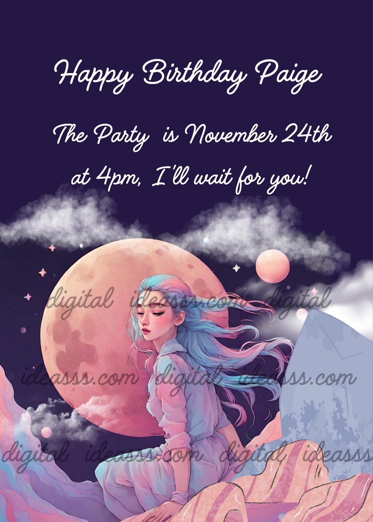 A beautiful girl with long blue and pink flowing hair sitting on pink rocks gazing at a large glowing orange full moon in a dark purple night sky with clouds, a small pink planet and twinkling stars — birthday card for girls aged 10 to 14 