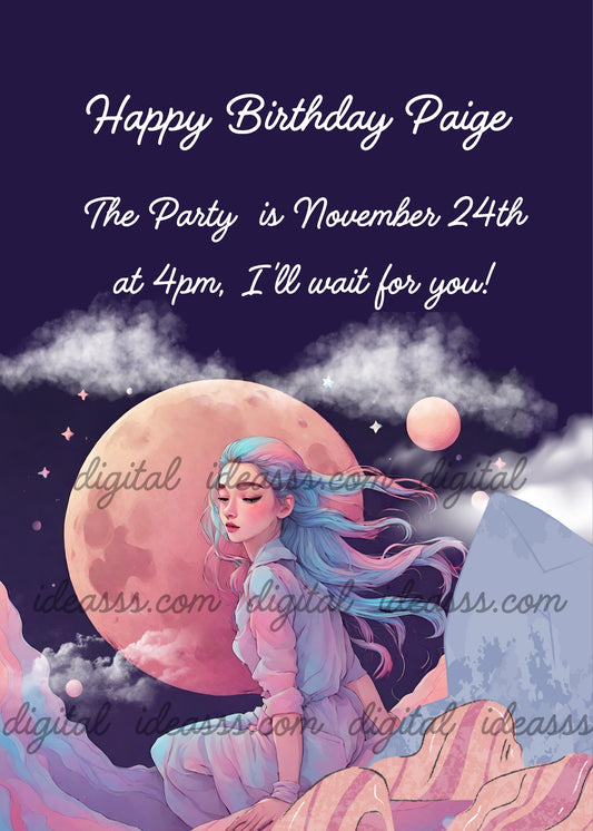 A beautiful girl with long blue and pink flowing hair sitting on pink rocks gazing at a large glowing orange full moon in a dark purple night sky with clouds, a small pink planet and twinkling stars — birthday card for girls aged 10 to 14 