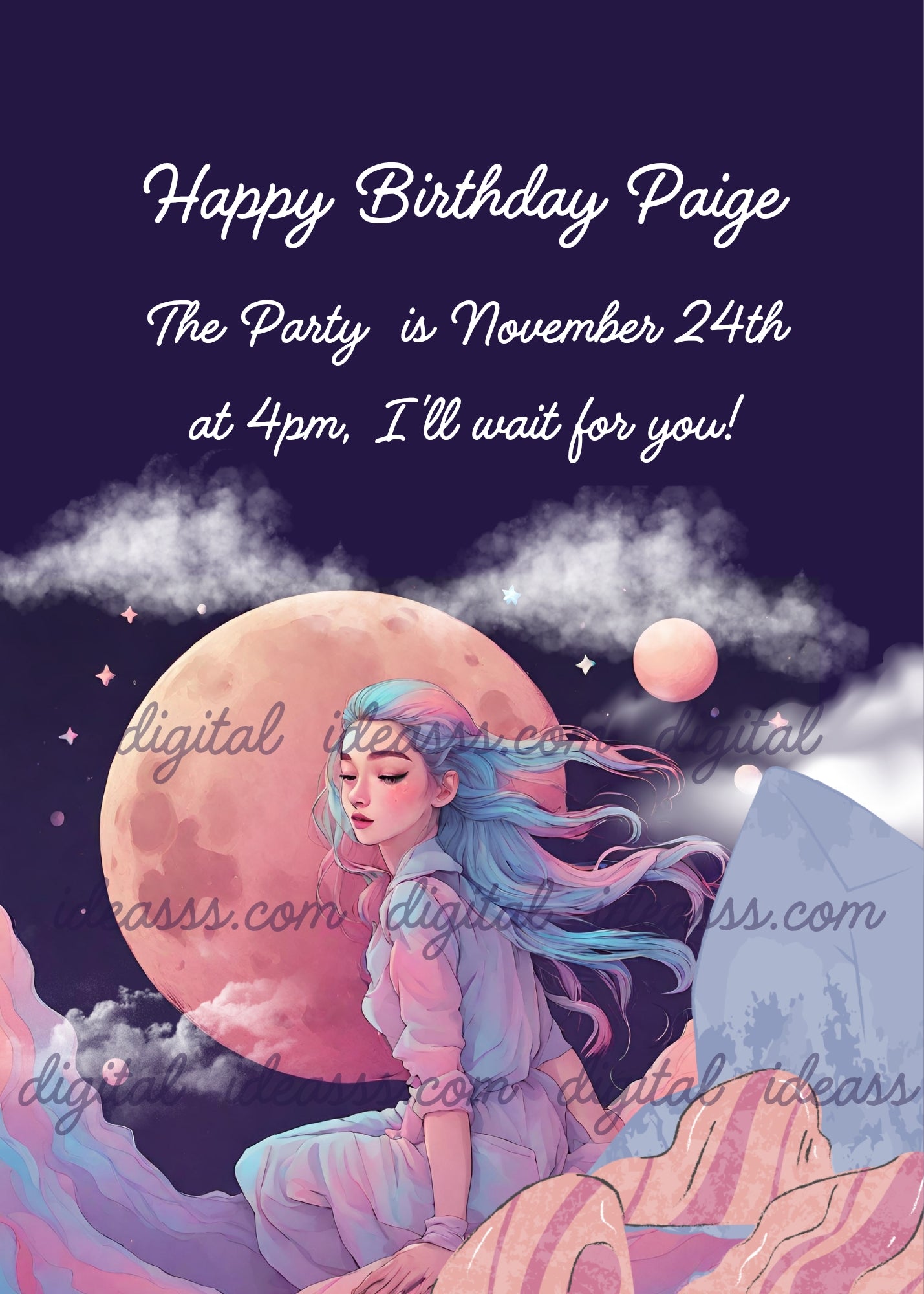 A dreamy girl with long blue hair sitting on pink rocks under a large golden moon, with clouds and stars on a dark purple night sky — birthday card for girls aged 10 to 14