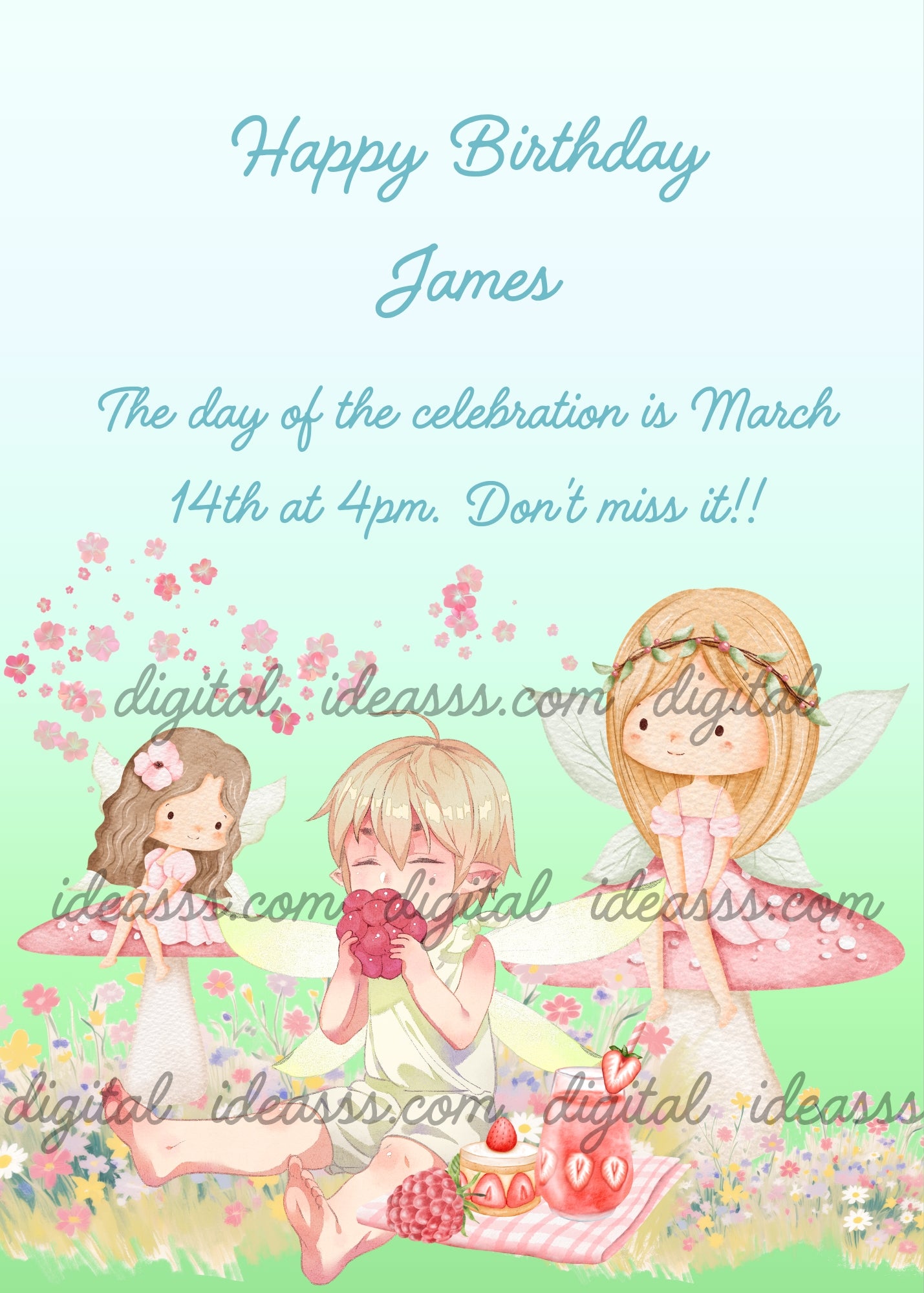 Three cute kawaii fairies in a flower meadow with a blonde elf boy smelling a raspberry a brunette fairy on a pink mushroom and a blonde fairy with a leaf crown on a mushroom with strawberries and pink cherry blossoms on a mint green background — printable birthday card for children ages 5 to 12