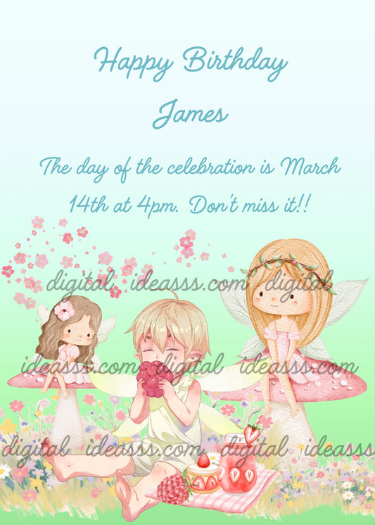 Three cute kawaii fairies in a flower meadow with a blonde elf boy smelling a raspberry a brunette fairy on a pink mushroom and a blonde fairy with a leaf crown on a mushroom with strawberries and pink cherry blossoms on a mint green background — printable birthday card for children ages 5 to 12