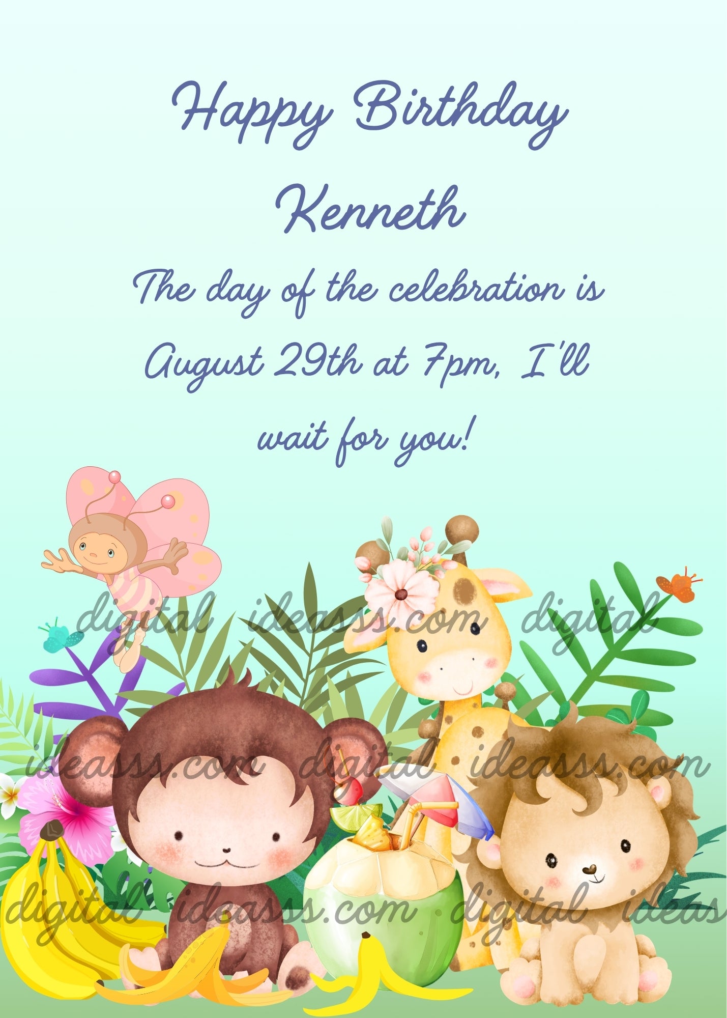 Cute kawaii jungle animals, a little monkey sitting with bananas, a giraffe with flowers on her head, a lion cub, a tropical cocktail, a pink butterfly fairy, tropical leaves and pink and purple flowers on a light blue pastel background — birthday card for children aged 1 to 6