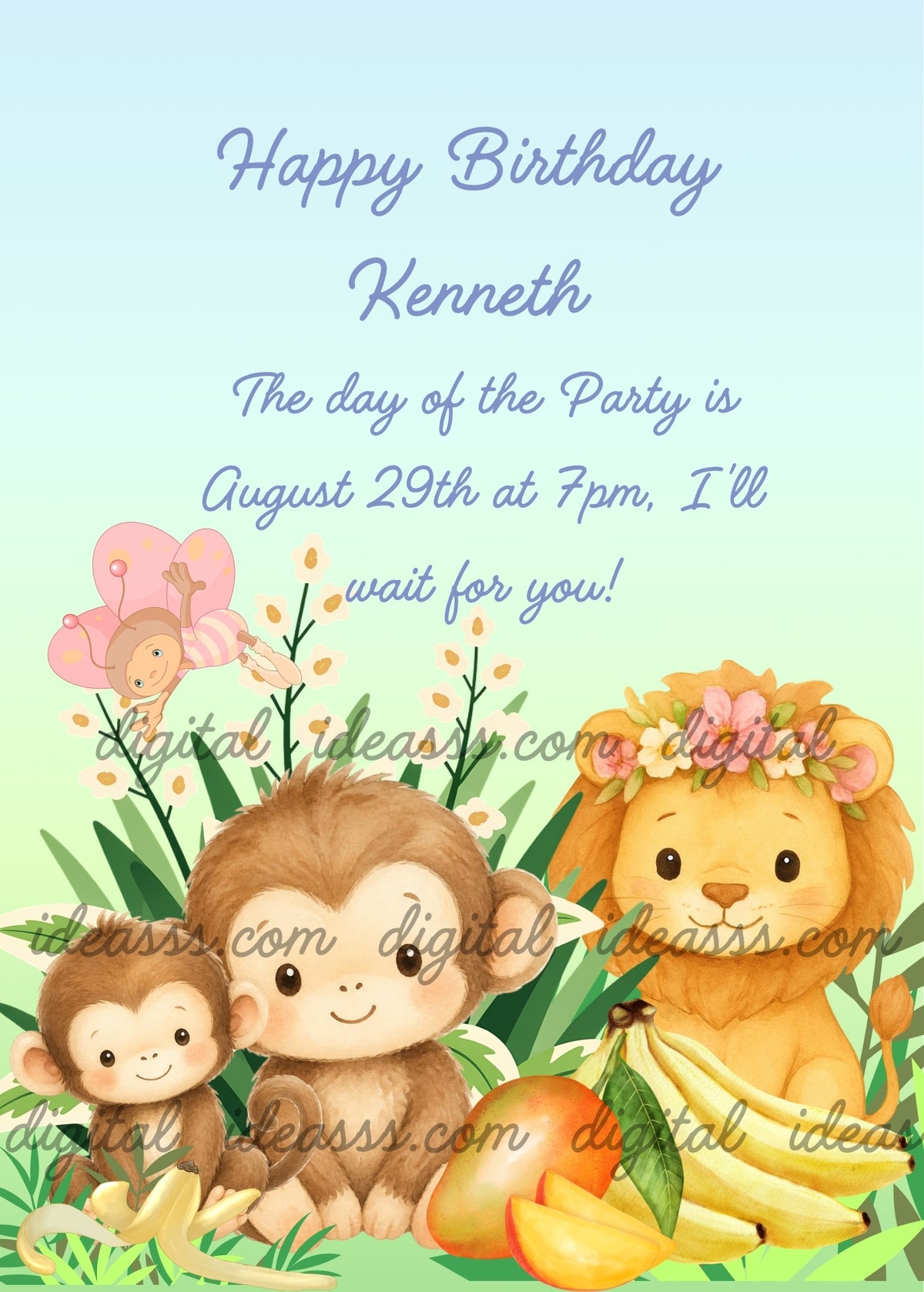 A mother monkey and her baby sitting together surrounded by bananas, a mango and a banana peel, a lion with a flower crown peeking curiously from the bushes, and a little butterfly wearing a striped beige and pink dress flying above, among white flowers and tropical plants — birthday card for kids aged 1 to 6