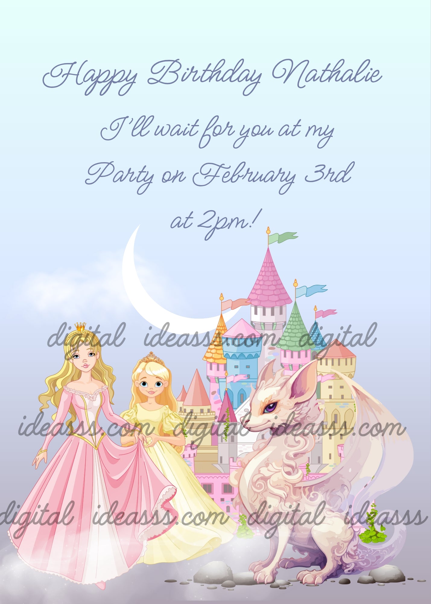 Two elegant princesses in pink and yellow gowns with a white dragon beside a colorful castle with a crescent moon on a soft lavender and blue background — printable birthday card for girls ages 9 to 14