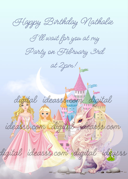 Two elegant princesses in pink and yellow gowns with a white dragon beside a colorful castle with a crescent moon on a soft lavender and blue background — printable birthday card for girls ages 9 to 14