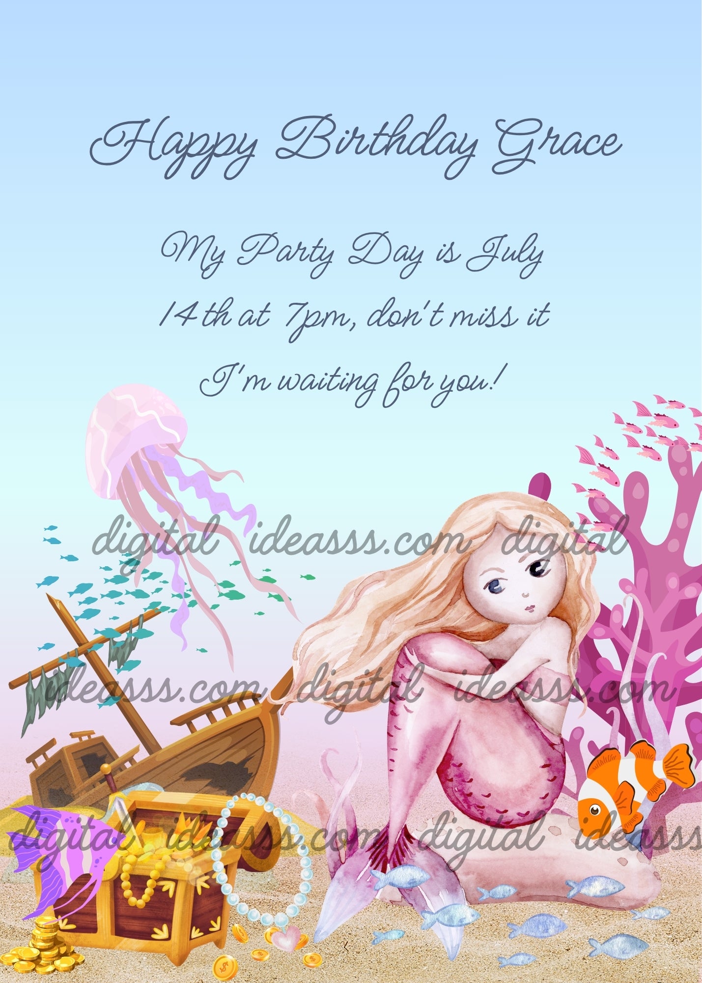 Blonde mermaid with pink tail sitting on a rock near a wooden shipwreck, treasure chest with gold coins and pearls, pink jellyfish, orange clownfish, purple coral and small blue fish on light blue background — birthday card for girls aged 8 to 14
