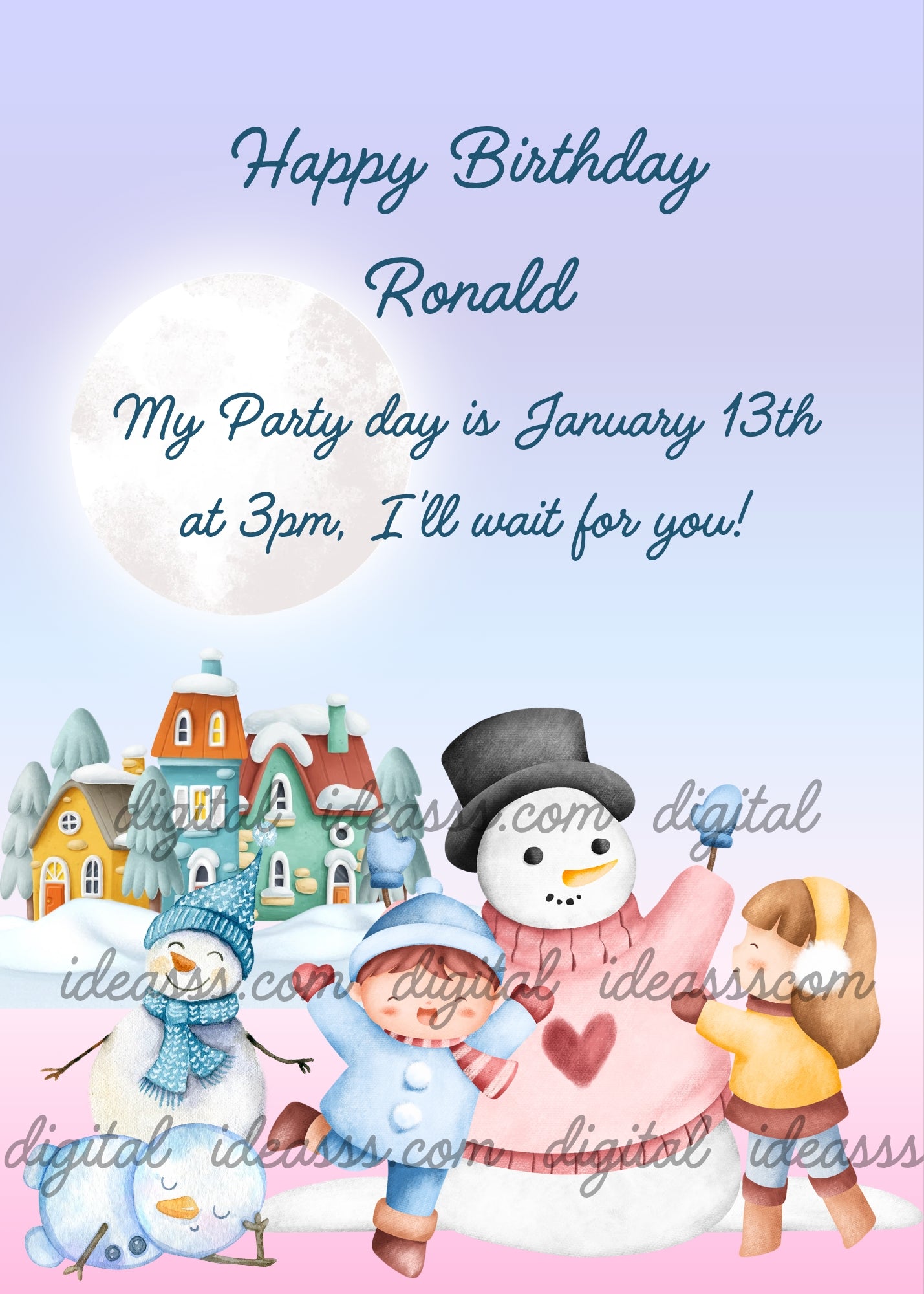 Three snowmen, a child in a blue coat and a girl with blonde hair playing in the snow with colorful snowy houses and a large full moon on a soft blue and pink winter background — birthday card for children aged 1 to 12