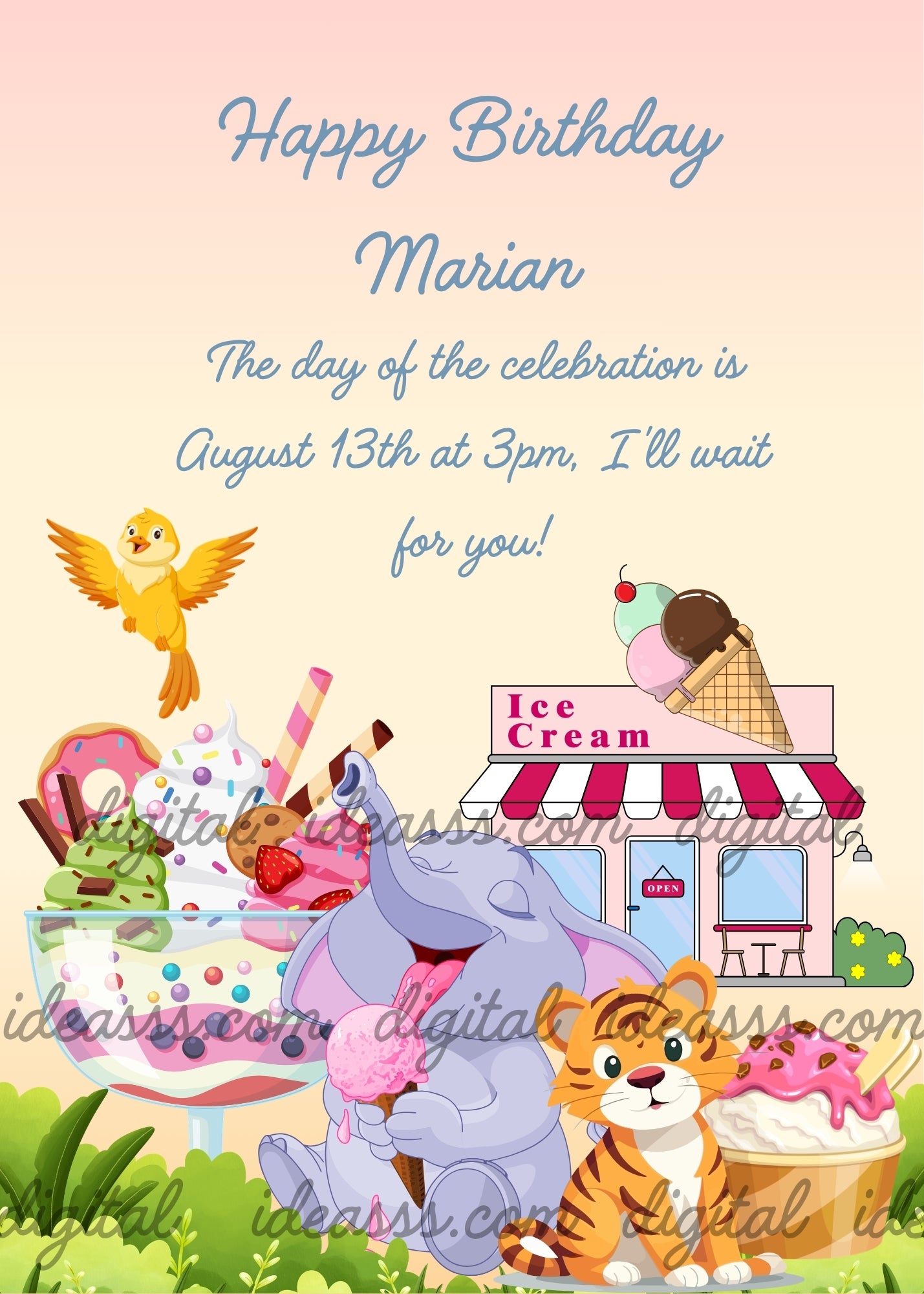 Cute elephant eating an ice cream cone and a tiger cub next to a giant ice cream sundae with a donut and a yellow bird flying above near a pink ice cream shop on a soft peach gradient background — birthday card for children aged 5 to 12