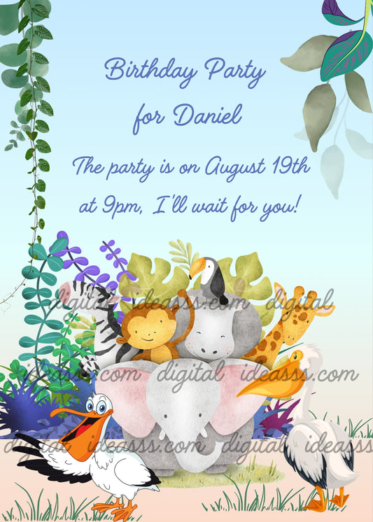  A cheerful kawaii elephant acts as a jungle taxi, carrying a smiling monkey and toucan on its back, a giraffe, a zebra, and a hippo. Two funny pelicans with open beaks await him, surrounded by green and turquoise tropical leaves and purple flowers, on a delicate pastel blue and peach background — birthday card for children aged 1 to 9