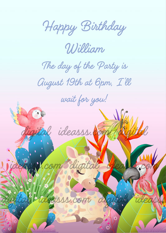 A sweet kawaii giraffe with pink and blue spots sitting among colorful tropical plants, two pink parrots, blue cacti, orange and yellow strelitzia flowers, and a yellow-green butterfly, on a soft pink and blue pastel background — birthday card for children aged 1 to 9