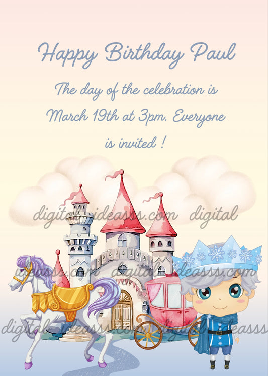 A cute kawaii prince with a blue crown with snowflakes and a blue outfit, beside a white carousel horse with purple mane, a pink royal carriage, and a fantasy castle with red towers on a pastel pink and peach background — printable birthday card for boys ages 1 to 9