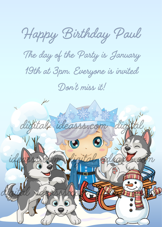 A cute kawaii boy with gray hair and a blue snowflake crown wearing a blue outfit, standing behind a brown and blue sled where a husky puppy is lying down, with two more playful husky puppies around him and a cheerful snowman with a striped pink scarf in the foreground, snowy bushes and bare branches in the background on a soft blue sky — birthday card for children aged 1 to 9