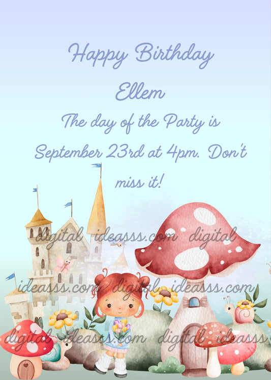  A cute little girl with red hair holding flowers in a magical watercolor scene with a fairy tale castle mushroom houses snails and yellow flowers on a soft blue background — birthday card for girls aged 1 to 9