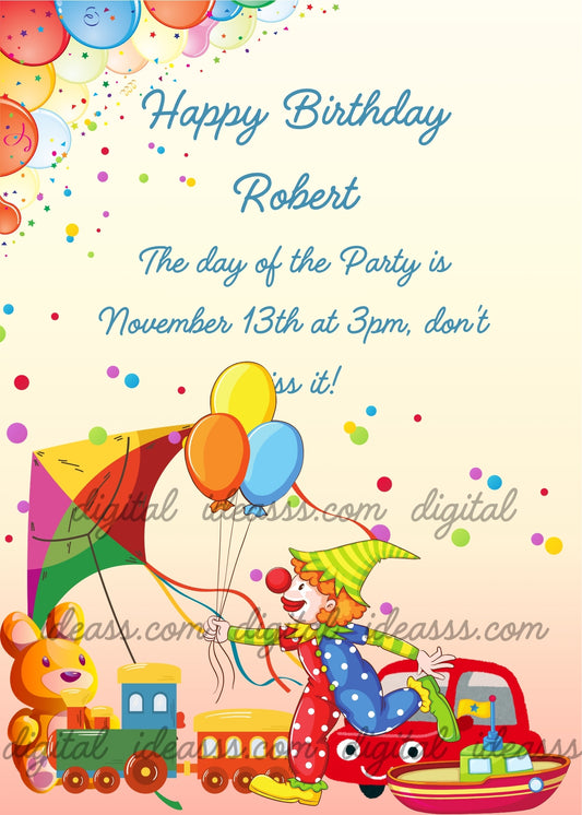  Cheerful clown holding colorful balloons and a kite surrounded by toys including a teddy bear, a toy train, a red car and confetti on a soft cream and pink background — birthday card for children aged 1 to 9