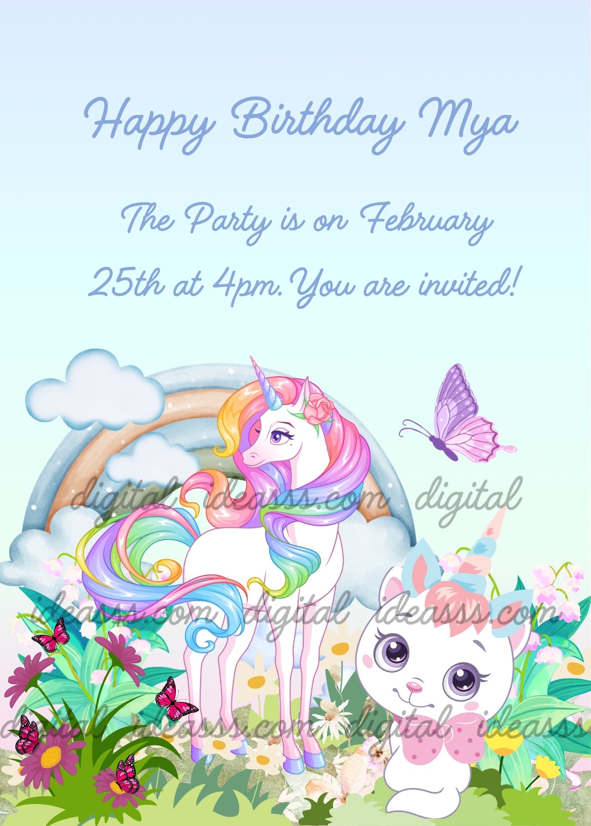 White kitten wearing a pastel unicorn horn and ears with a pink bow, beside a white unicorn with a rainbow mane and tail in a flower garden, with a rainbow, clouds and butterflies - printable birthday card for children aged 1 to 9