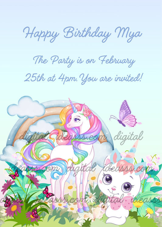 White kitten wearing a pastel unicorn horn and ears with a pink bow, beside a white unicorn with a rainbow mane and tail in a flower garden, with a rainbow, clouds and butterflies - printable birthday card for children aged 1 to 9
