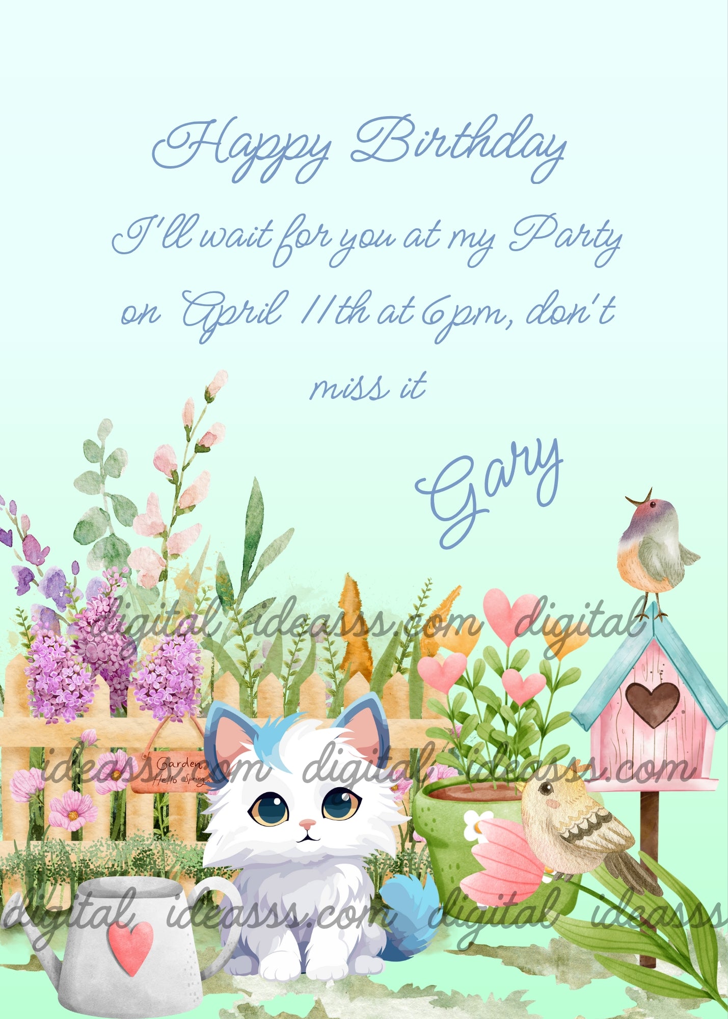A white kitten in a spring garden with birds, a pink birdhouse, flowers and a watering can with hearts on a light blue background - printable birthday card for kids 1-12