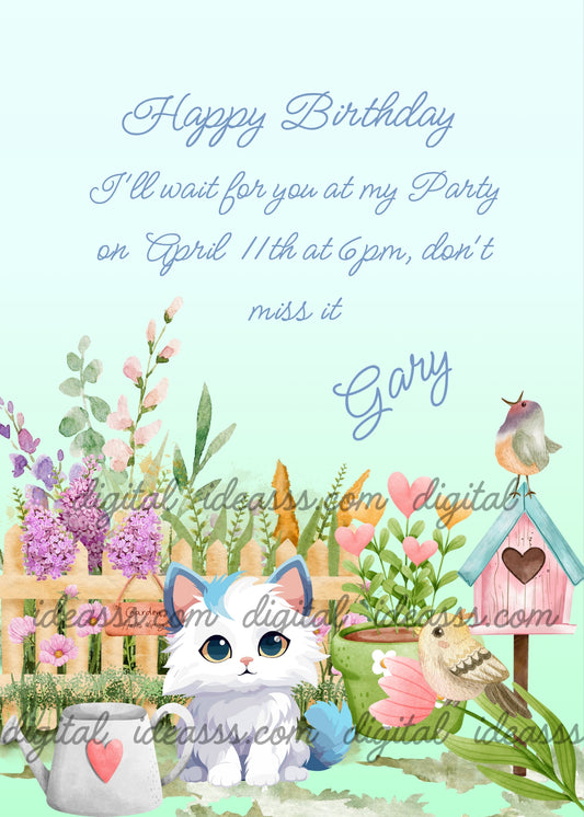 A white kitten in a spring garden with birds, a pink birdhouse, flowers and a watering can with hearts on a light blue background - printable birthday card for kids 1-12