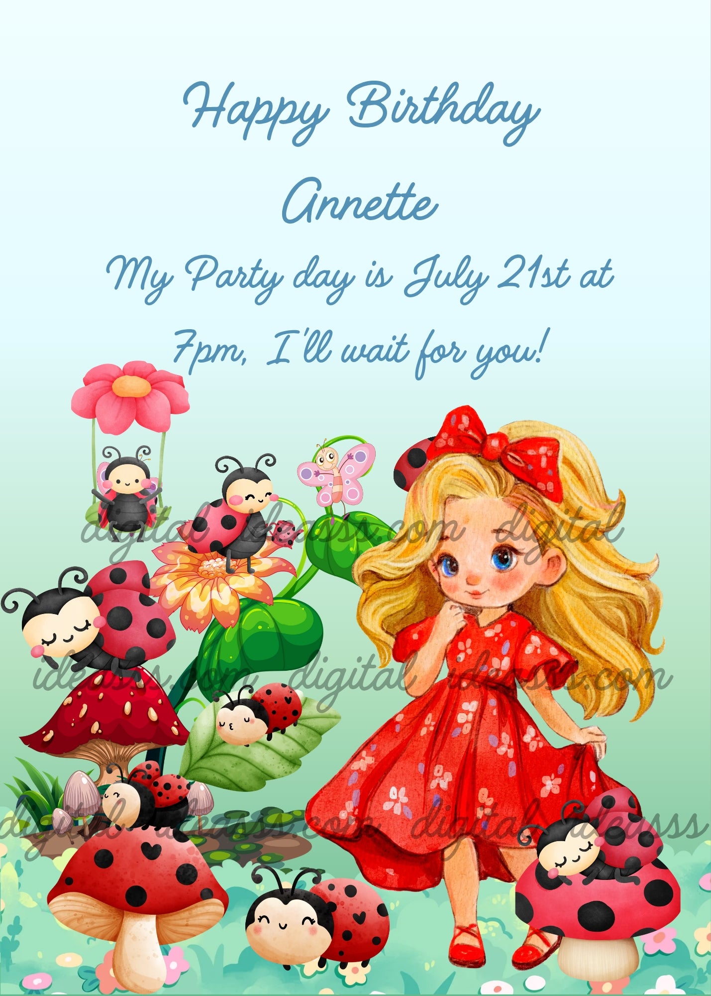 Blonde girl with red bow and red floral dress in a kawaii ladybug garden, ladybug swinging on pink daisy, two kawaii ladybugs on orange flower, ladybugs sleeping on red mushrooms with white polka dots, tiny baby ladybug on ground, small pink butterfly, soft aqua gradient background — birthday card for girls aged 6 to 14