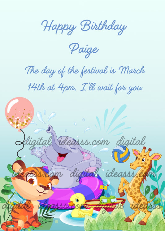 A cute little elephant on a purple life preserver splashes water while a tiger cub watches a giraffe play with a ball near a lake with a pink balloon among tropical leaves on a soft blue gradient background — birthday card for children aged 1 to 9