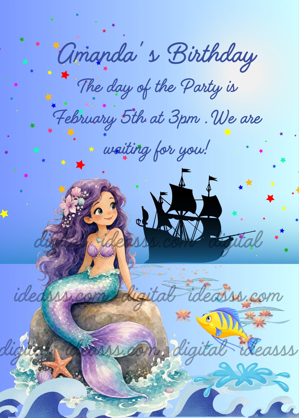 Mermaid with long purple hair and pink flowers sitting on a rock with a sailing ship silhouette in the background, colorful stars, yellow fish and ocean waves — birthday card for girls aged 5 to 10
