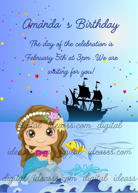 Cute baby mermaid with brown hair and pearl headband with starfish and flowers, blue tail, sitting on a rock with waves, yellow and blue fish, black sailing ship silhouette and colorful stars on blue background — birthday card for girls aged 5 to 10