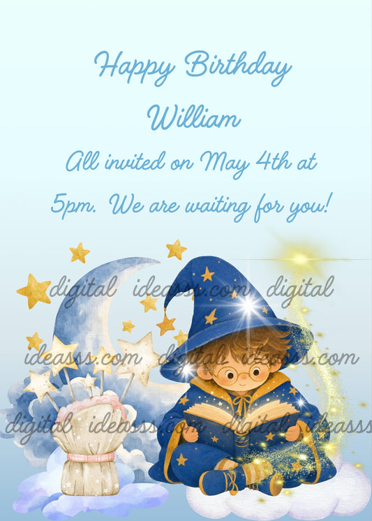A little wizard boy wearing a blue robe with golden stars and a tall blue pointed hat, sitting on a soft white cloud reading a magic book, surrounded by sparkling golden stars, with a bag of star-shaped magic wands on the left and a blue crescent moon and blue clouds in the background — birthday card for children aged 4 to 10 