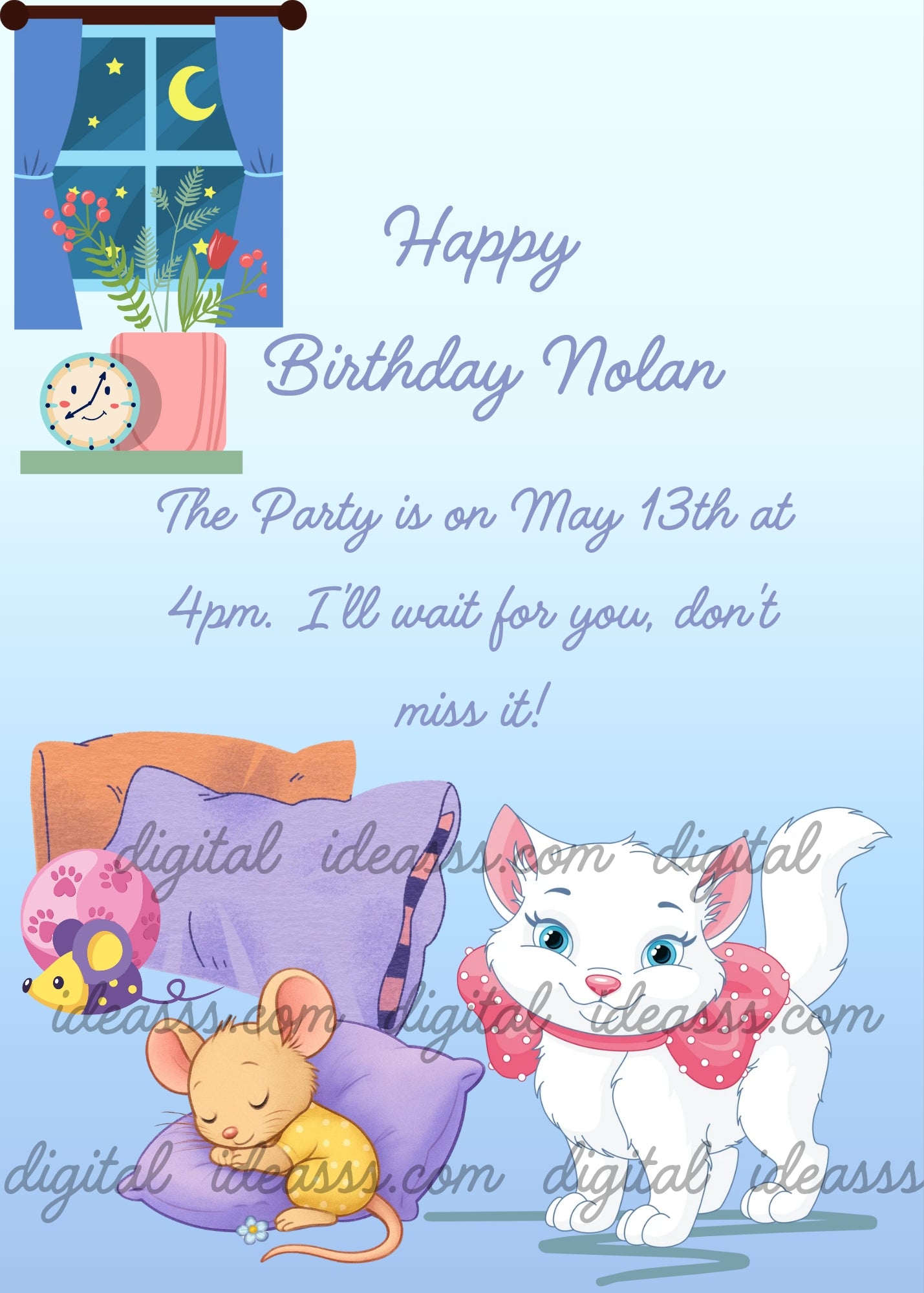 White kitten with pink polka dot bow next to a sleeping little mouse on purple cushions, cat toys on the floor, shelf with clock and flowers, window with moon and stars on a soft blue background — birthday card for children aged 1 to 9 