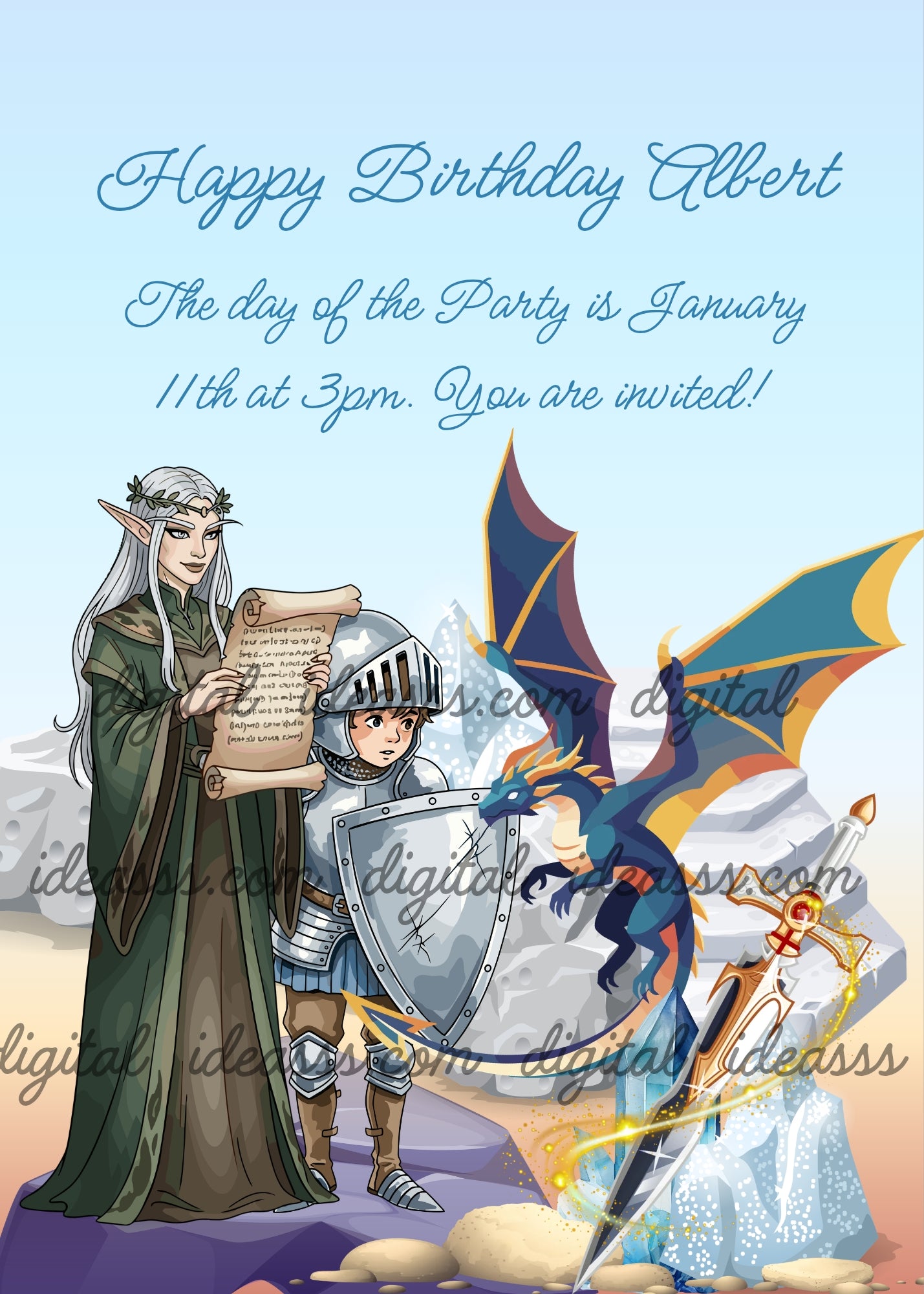 A wise female elf with long white hair, pointed ears and a crown of leaves holding an ancient scroll, standing beside a young knight in full silver armor with a battle-scarred shield gazing with awe and fear at a magnificent blue-green dragon with golden wings resting on icy rocks in front of them, with a glowing magic sword with a golden cross-guard embedded in the ice nearby, on a soft blue sky and icy mountain background — birthday card for boys aged 9 to 14