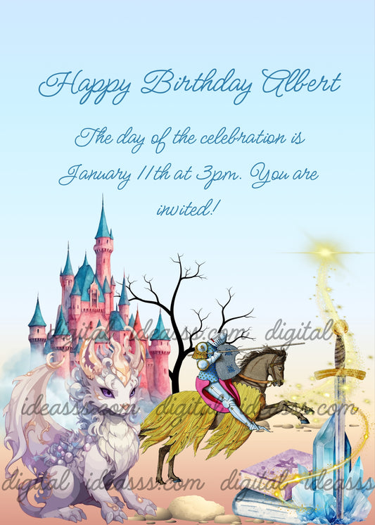 A white dragon with purple eyes, a knight in armor on horseback, a pink castle with teal towers, a bare tree, a magic glowing sword with blue crystals, and enchanted books on a light blue background — printable birthday card for boys ages 9 to 14