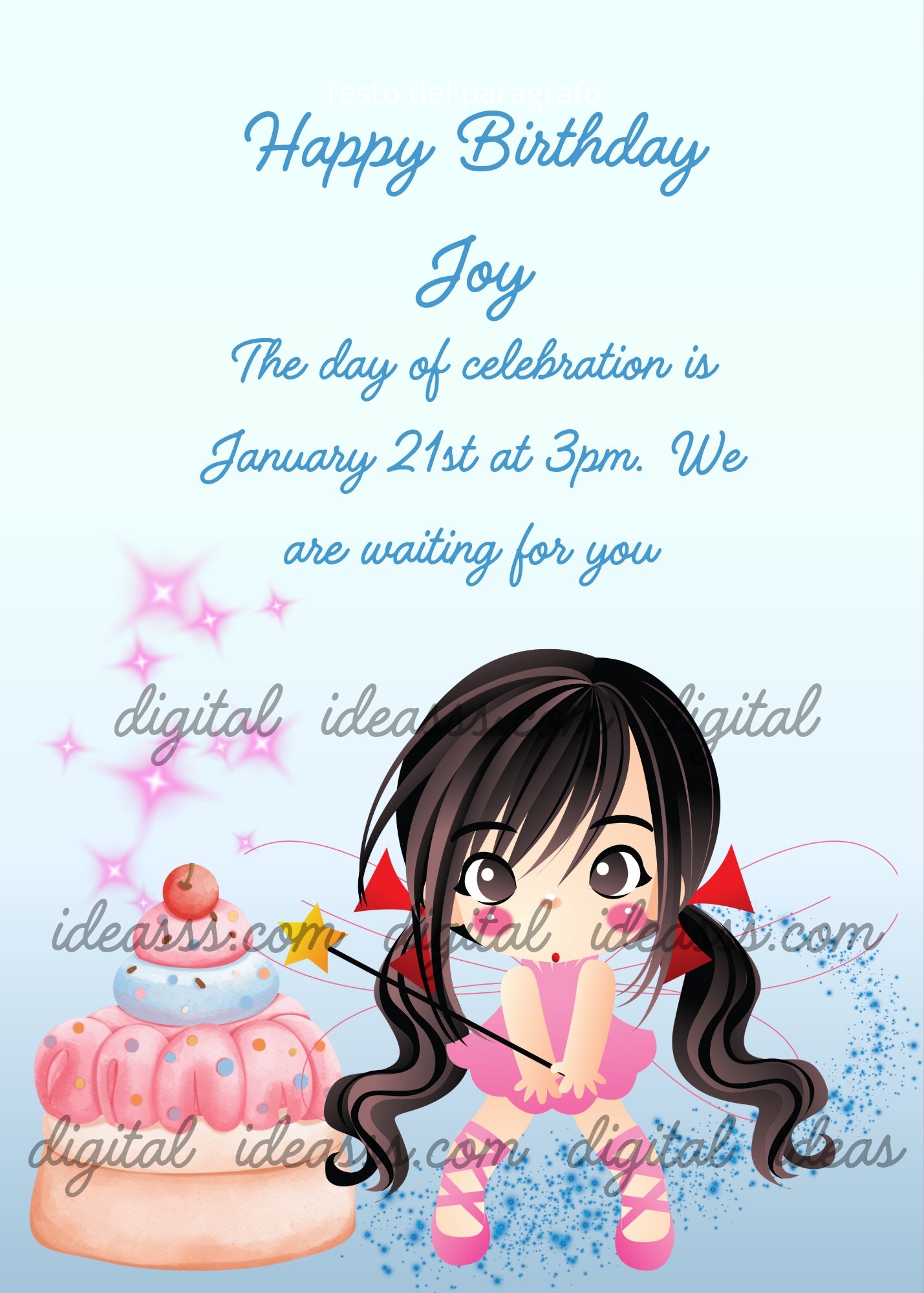  A cute anime girl with long black hair and red bows in a pink dress crouching next to a pink birthday cake with a cherry holding a golden magic wand with pink sparkling stars on a soft blue background — printable birthday card for girls ages 1 to 10