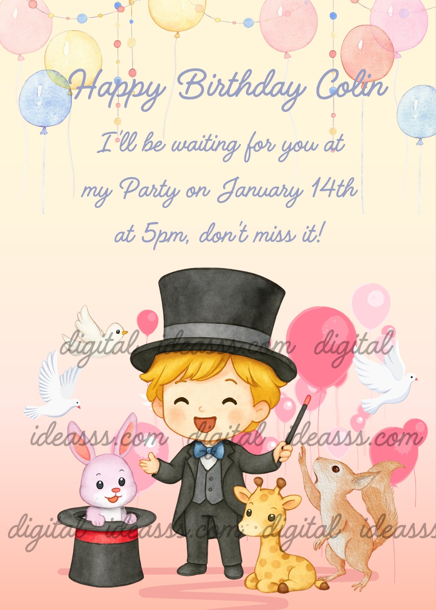 Little boy magician with top hat, magic wand, pink bunny in a hat, giraffe, squirrel, white doves and colorful balloons on a peach and pink gradient background — birthday card for children aged 6 to 12
