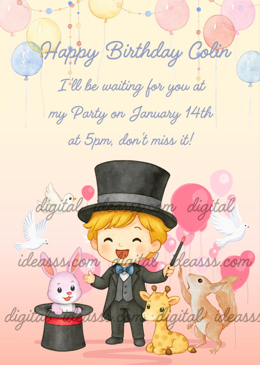 Little boy magician with top hat, magic wand, pink bunny in a hat, giraffe, squirrel, white doves and colorful balloons on a peach and pink gradient background — birthday card for children aged 6 to 12