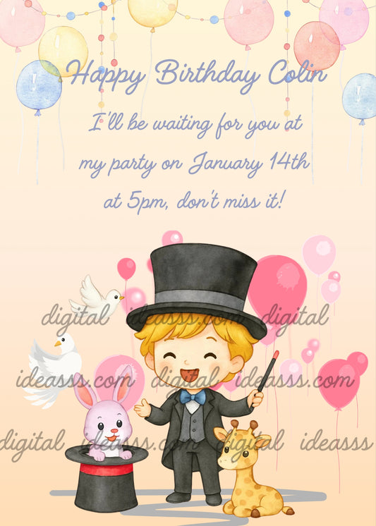  A young magician boy with a top hat conjuring a pink bunny, a white dove with gray wings and an adorable giraffe with colorful pastel balloons — printable birthday card for kids 6-12