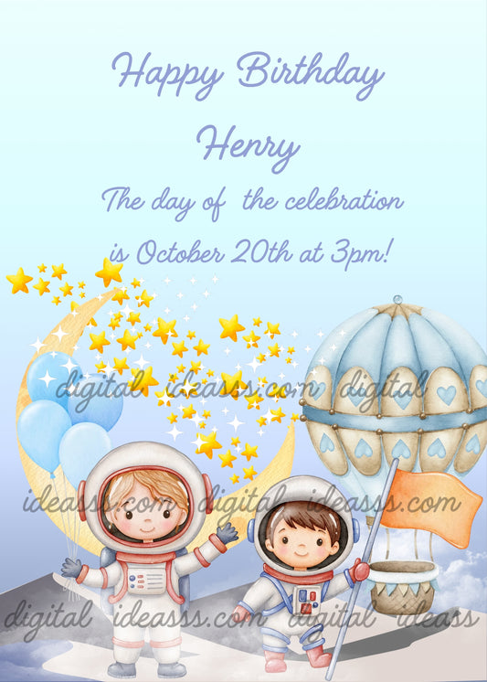  Two cute child astronauts in white spacesuits, one waving near a crescent moon with blue balloons and one holding a flag next to a hot air balloon, with golden stars on a soft light blue background — birthday card for children aged 5 to 12